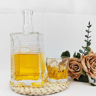 680ml Square Glass Vodka Bottle with Engraved Design Customized Spirit Bottle